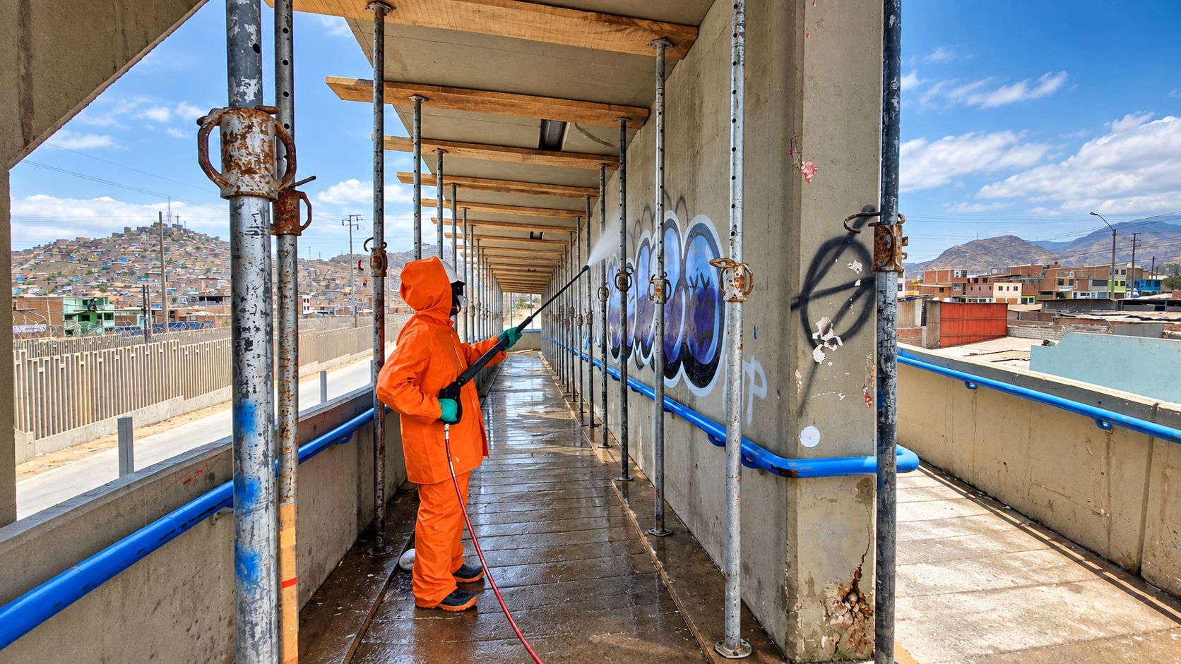 Trabajador con traje impermeable limpiando con hidrolavadora una pared de concreto en una pasarela peatonal.