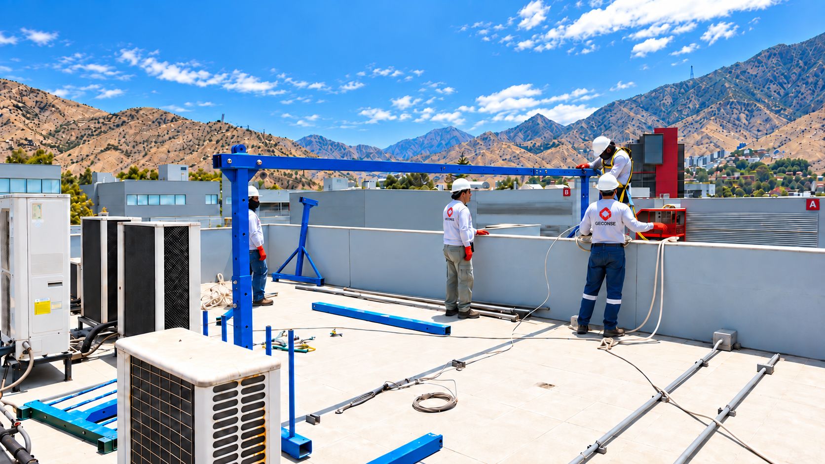 Equipo con casco y ropa de GECONSE instalando una estructura metálica azul en la azotea de un edificio, con cerros al fondo.