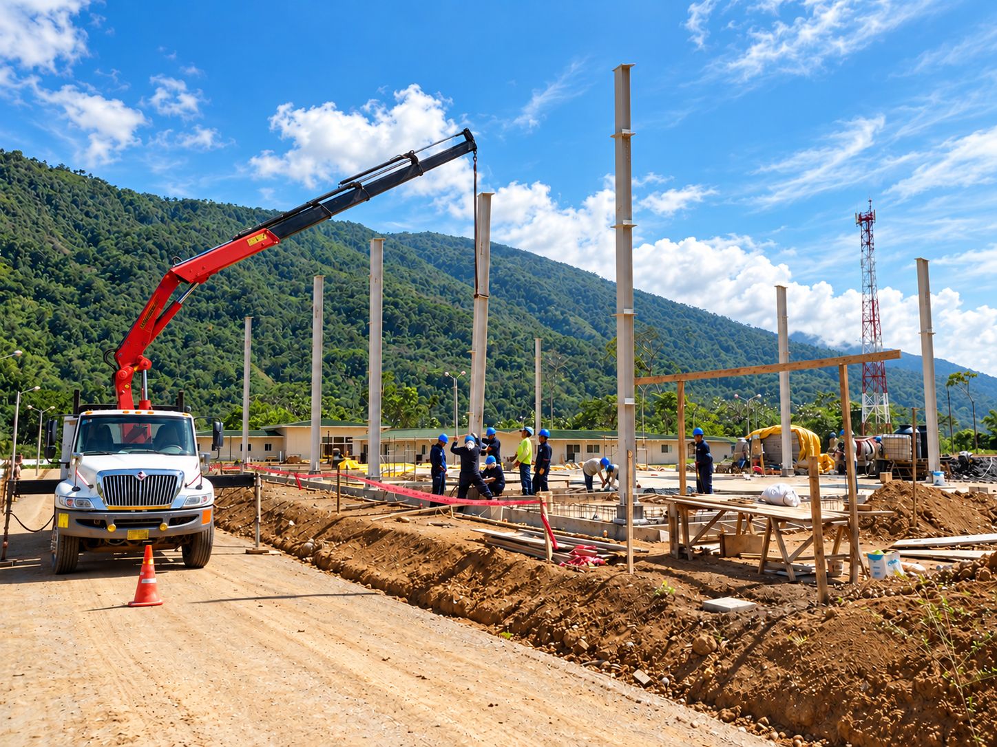 Camión grúa izando una columna en una obra a cielo abierto, con trabajadores con casco en la base.