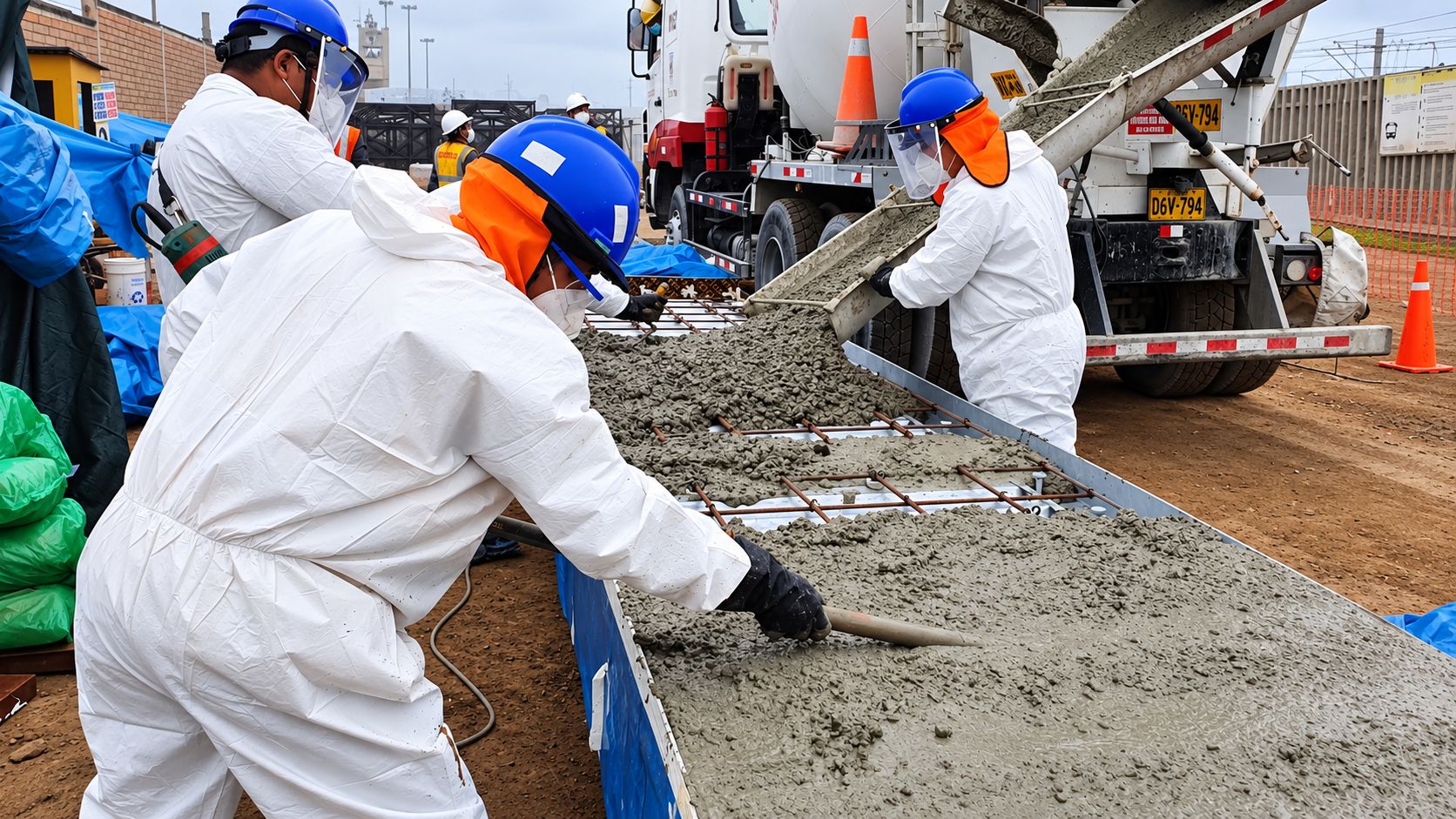 Cuadrilla con traje de protección, casco y careta vaciando concreto desde un camión mixer sobre una losa armada.