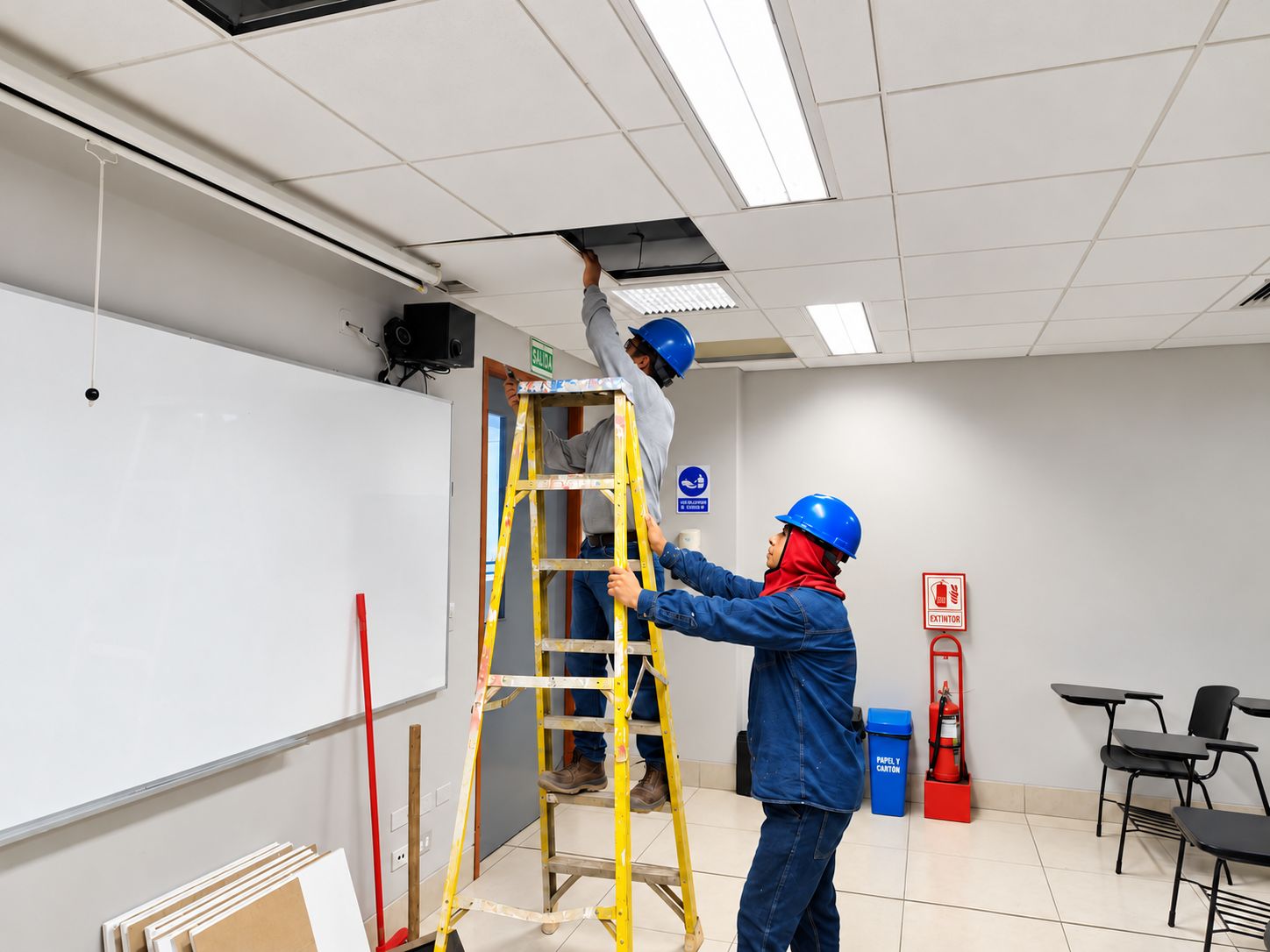 Dos técnicos, uno sobre una escalera, interviniendo el falso cielo raso de un aula.