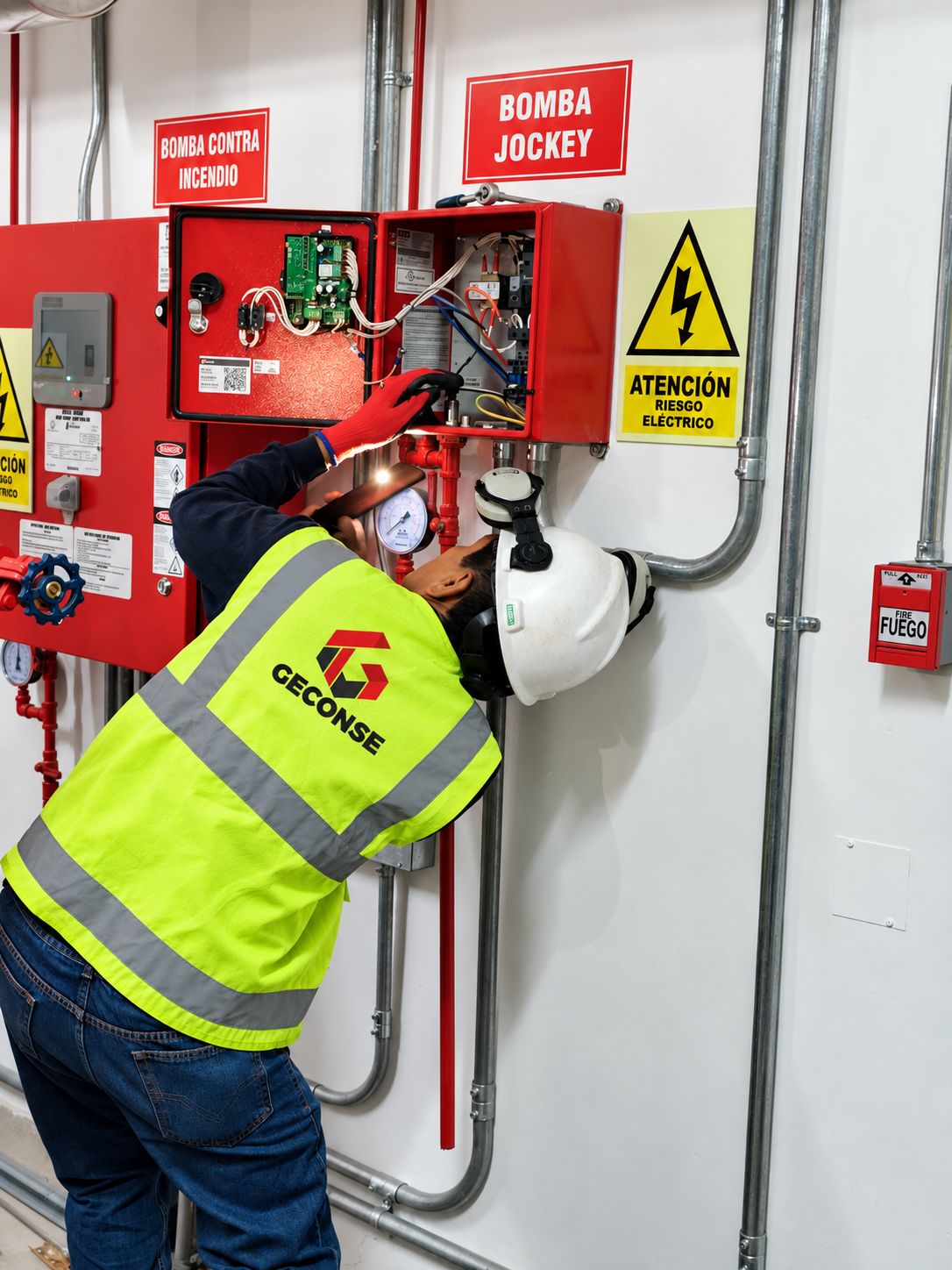 Técnico con chaleco de GECONSE revisando el tablero de control de una bomba contra incendio.